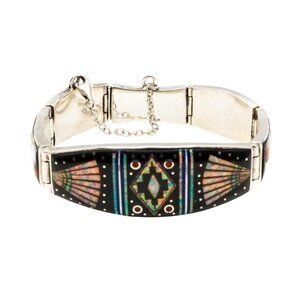 Navajo Artist Opal Multi-Stone Micro Inlay Link Bracelet in Sterling Silver Size
